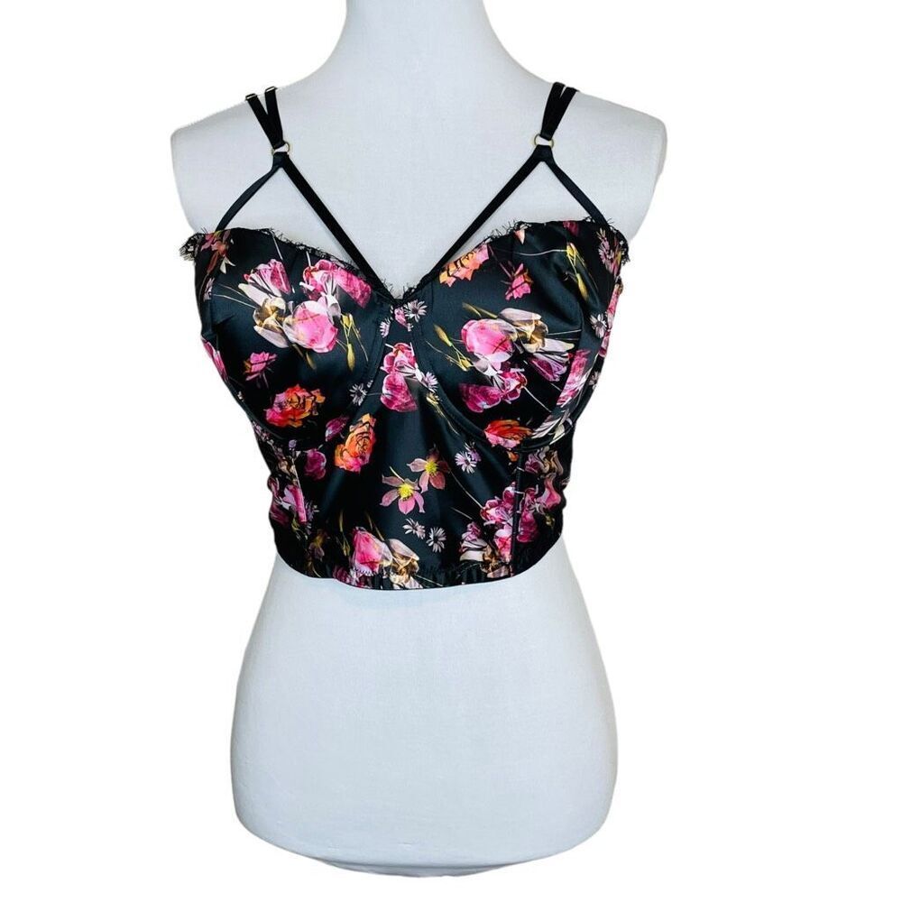 Victoria’s Secret Very Sexy Longline Satin Bustier Floral Black Size 38DD NWT!